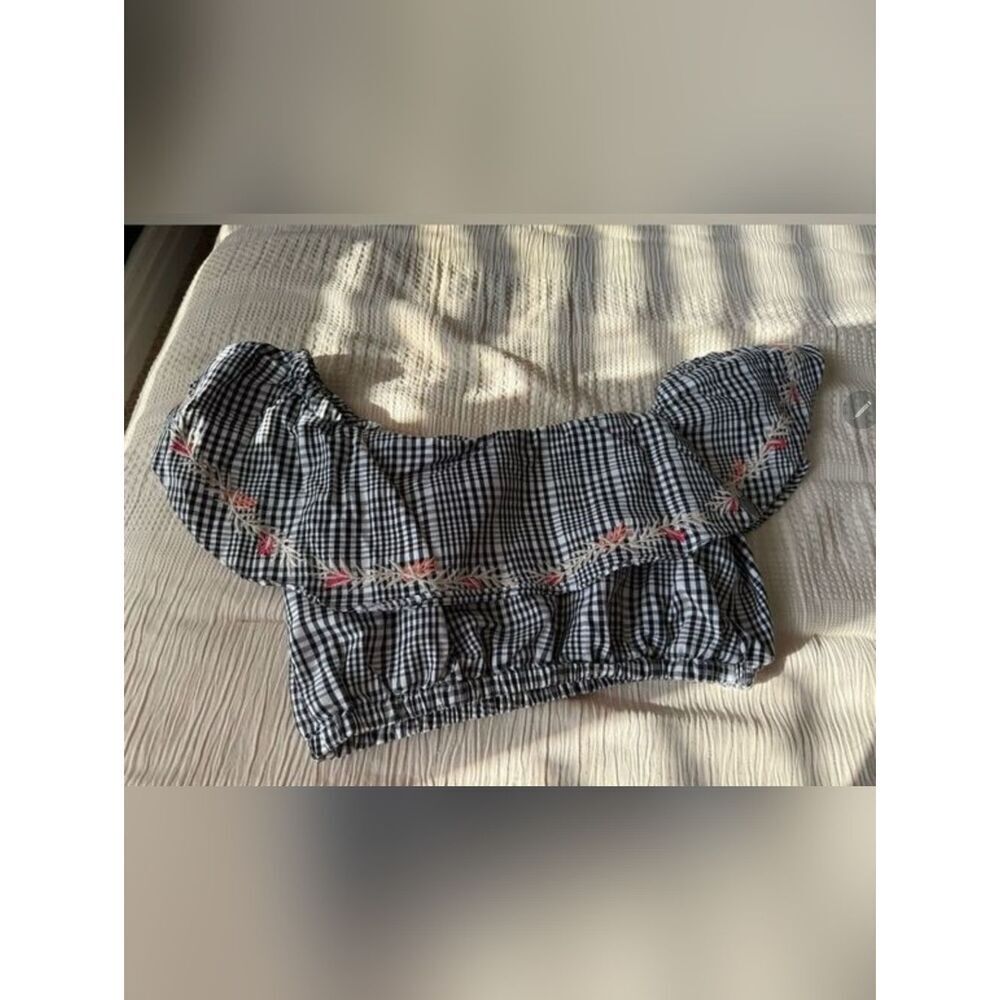 Guess Black & White Check plaid Off-Shoulder ruffled Crop Top-Floral Embroidery